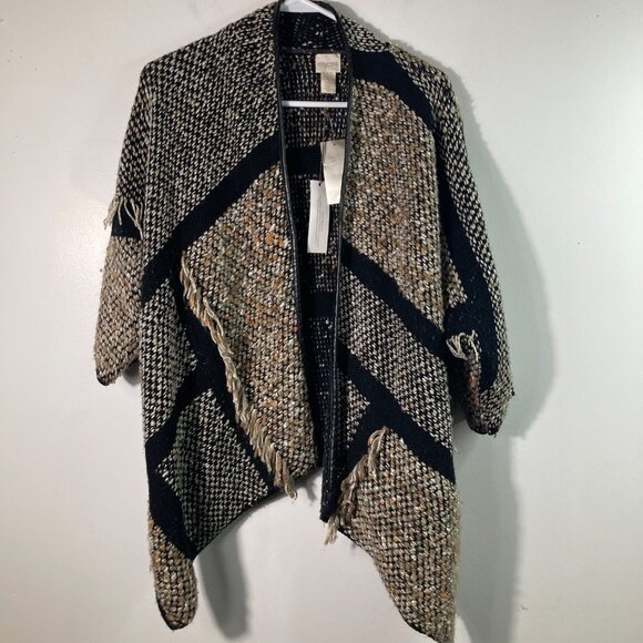 Chicos Wool Blend Fringe Tweed Kinsley Cardigan Sweater M Black Neutral - Picture 1 of 11